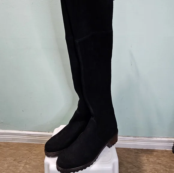 NEW STUART WEITZMAN Blaire City Black Suede Leather OTK Tie Block Heel Boots 9.5 - Picture 4 of 13